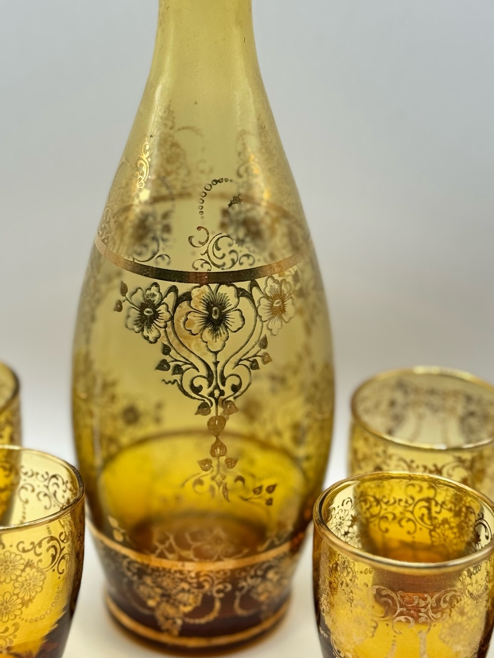 Vtg Laguna Murano Art Glass Decanter Set Amber/Gold Cordial Glasses 1920s Italy - Picture 4 of 11